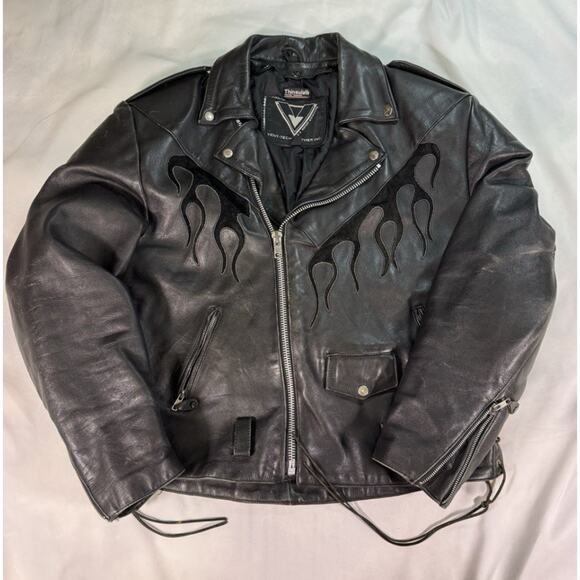 Vent Tech Black Vented Leather Motorcycle Jacket Green Flames Sz M - Picture 1 of 10